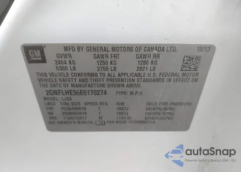 2014 Chevrolet Equinox Ltz z USA, uszkodzony, nr VIN 2GNFLHE36E6170274